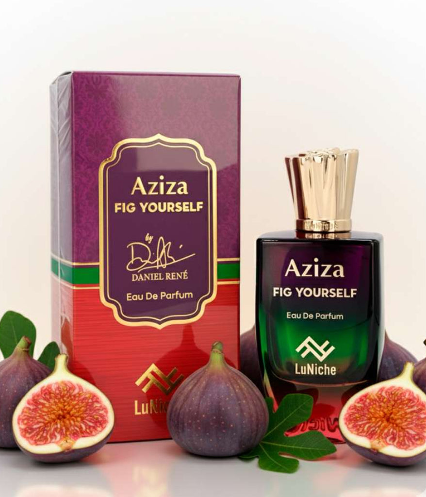 Aziza Fig Yourself perfume bottle and packaging with figs on a light background