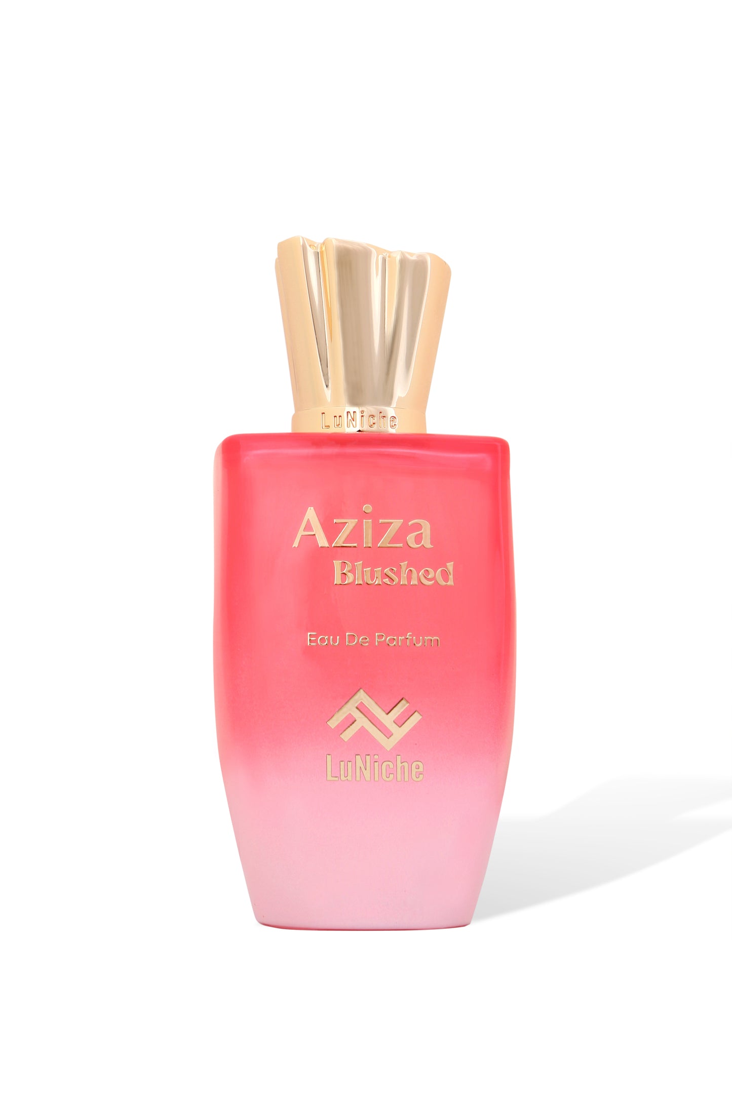 Pink perfume bottle with gold cap labeled 'Aziza Blushed' on a white background