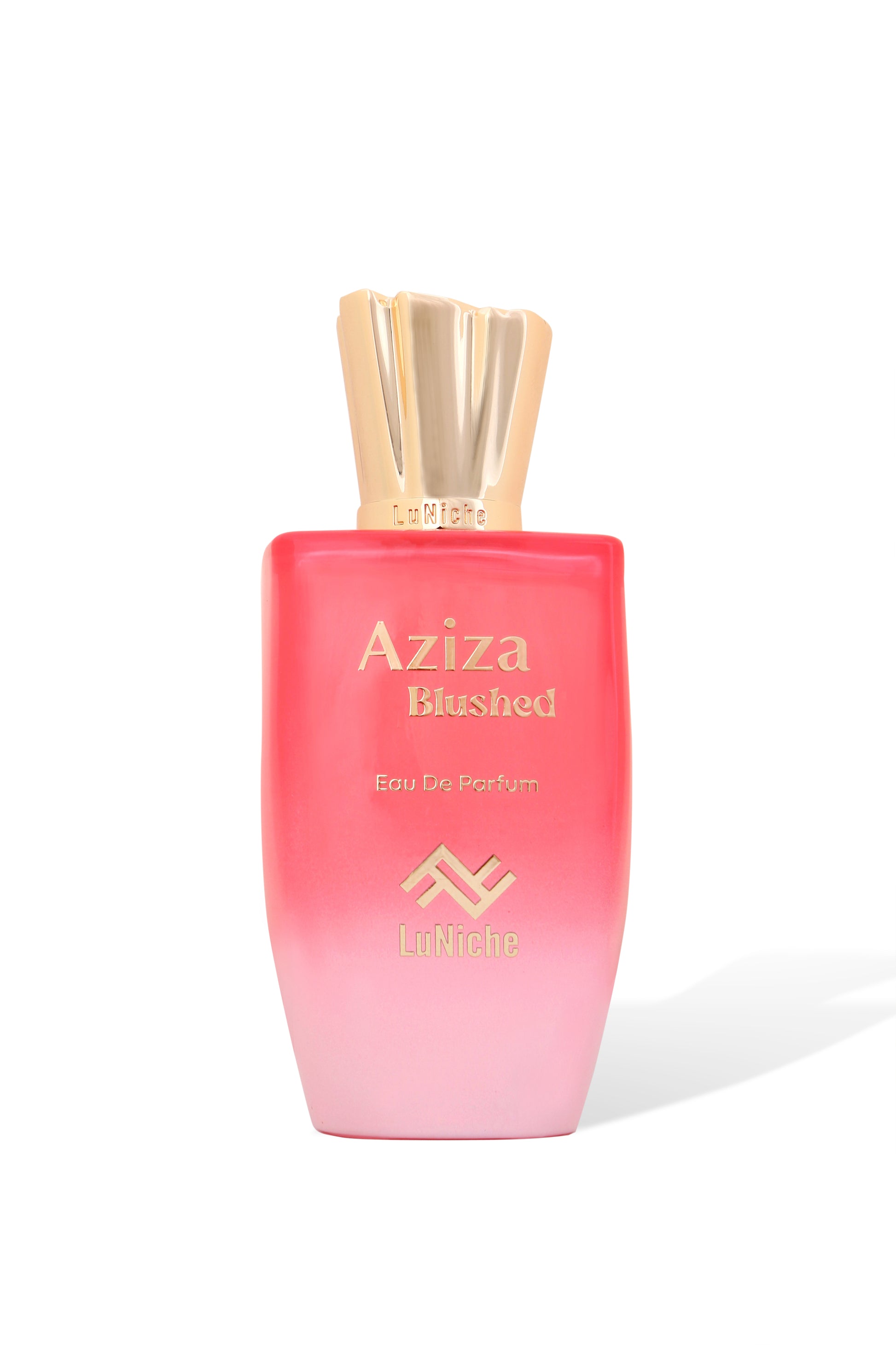 Pink perfume bottle with gold cap labeled 'Aziza Blushed' on a white background