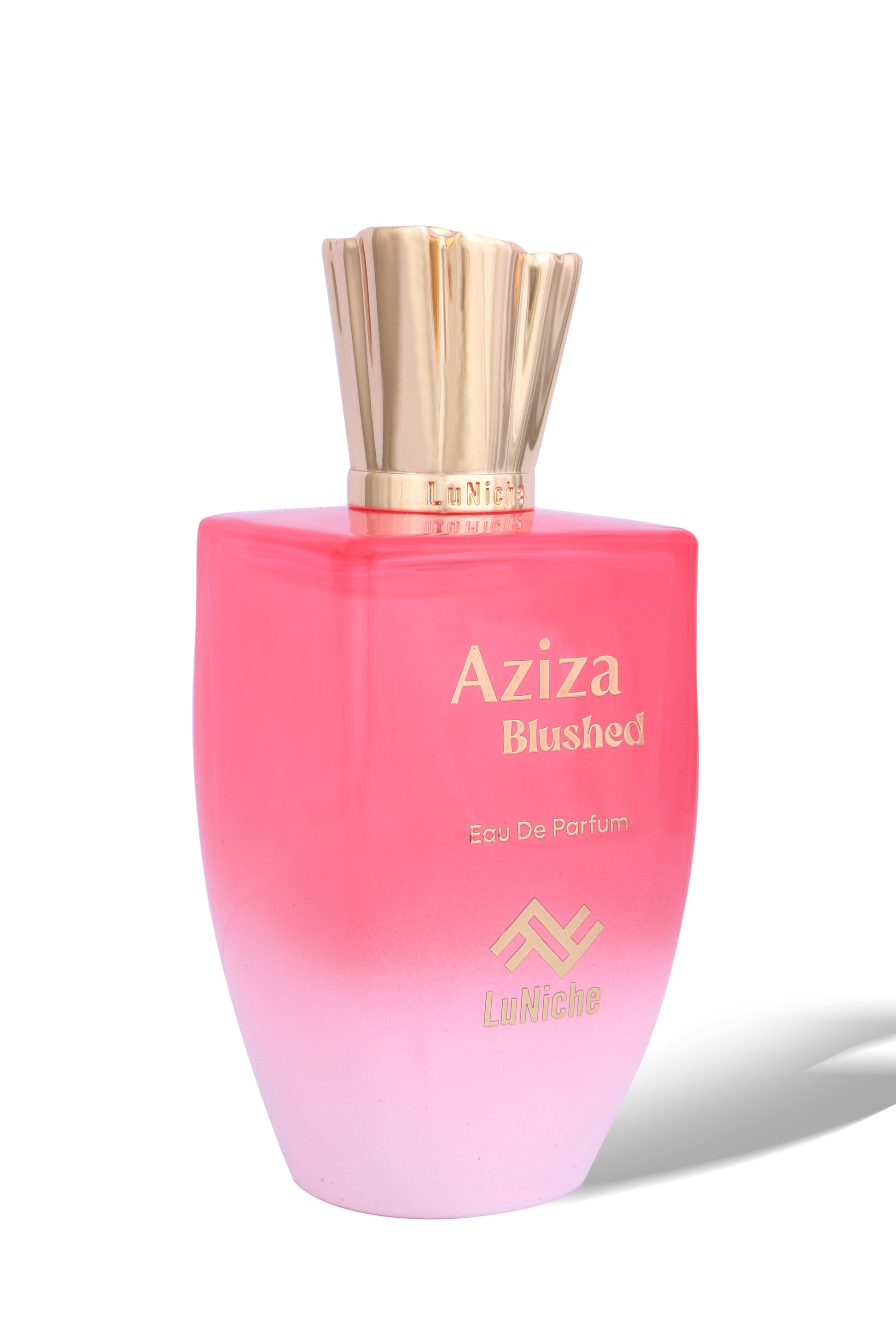 Pink and gold perfume bottle labeled 'Aziza Blushed' on a white background