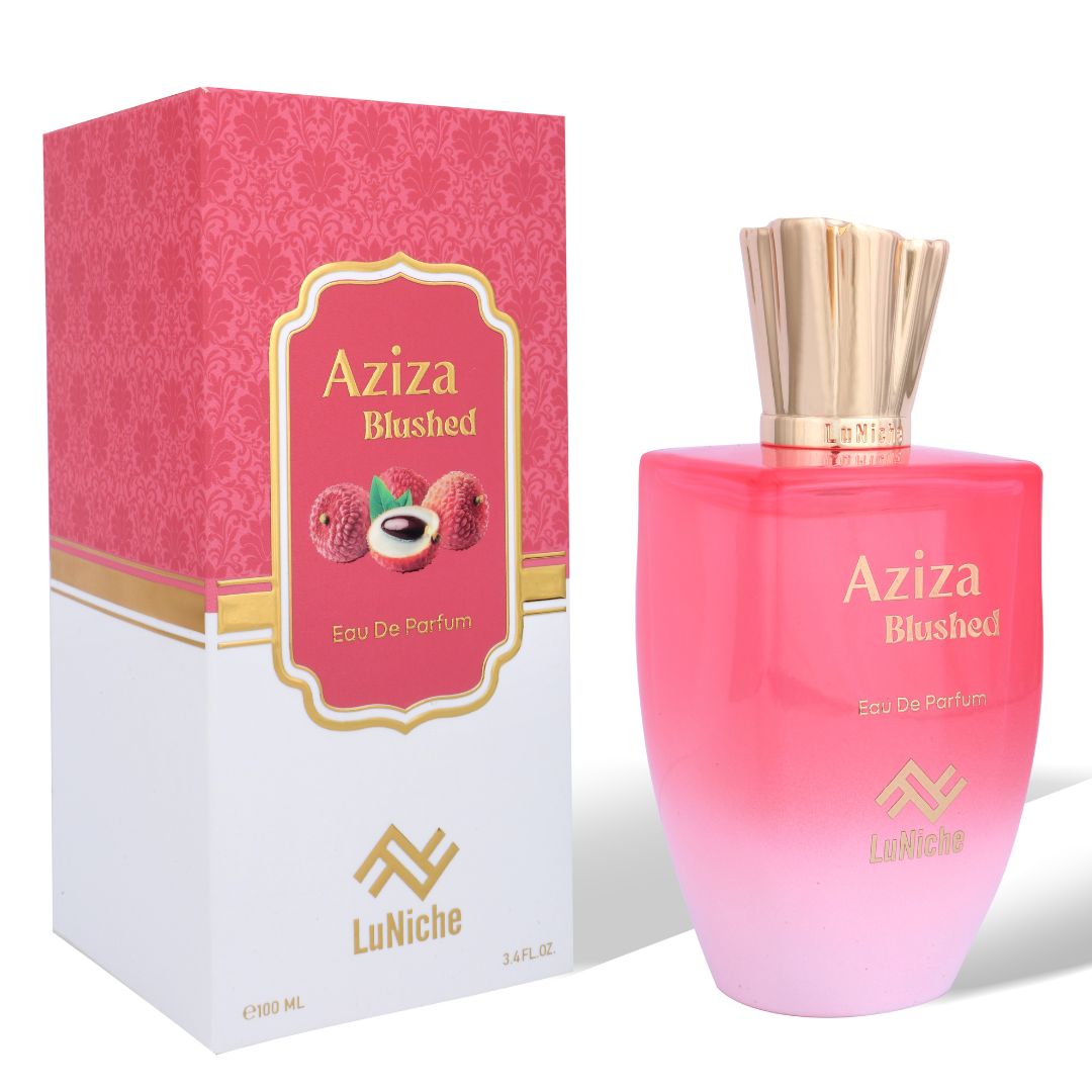 Pink 'Aziza Blushed' perfume bottle and packaging with 'LuNiche' branding on a white background.