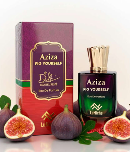 Aziza Fig Yourself perfume bottle and packaging with figs on a light background